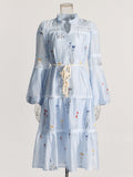 Temperament Elegant Style Dress 2025 Summer New Embroidery Printing V-Neck Lantern Sleeve Tied Dress Dress Woman