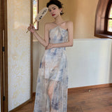 Neck Print Sling Dress Spring Summer 2024 New Women's Chiffon Open Fork Back Holiday Dress