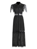 Black Rose Lace Stitched 2025 New Women's Summer Collar Short-Sleeved Long Solid Dress