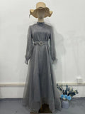 Spring 2024 New Half-High Neckernet Yarn Elegant Thin Lantern Sleeve Dress Woman