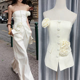 Sanguan White Rose Set 2024 New Single-Breasted Breast-Wear Flower Top High-Waisted Broad Leg Trousers