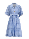 Temperament Vintage Short Dress 2025 Summer New Collar Embroidered Hollow Lace Dress Dress Woman