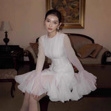 2025 Long-Sleeved Dating Dress Lotus Edge Cut Dress White Short Dress