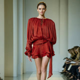 Famous Wind Dress 2025 Spring New Round Neck Long Sleeve Tie With Languid Short Skirt Lady