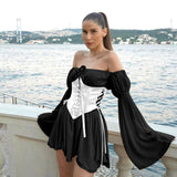 Strapped Waist Horn Sleeve Dress Set Women's Summer Sexy Commuting Skirt DJPT