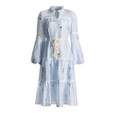 Temperament Elegant Style Dress 2025 Summer New Embroidery Printing V-Neck Lantern Sleeve Tied Dress Dress Woman