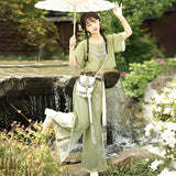 Design Yuehua Tour Chinese Style Improvement Chinese Elements Of The New Chinese Style Women's Short-Sleeved Blouse Trousers Set 9086