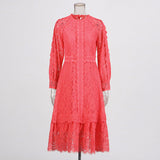 Bohemian 2025 Summer New Round-Neck Long Sleeve Zipper Design Solid Color Long Lace Dress