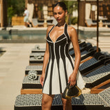 New Women's Sexy Black And White Stripe Hanging Back Hanging Neck Knitted Banded Dress