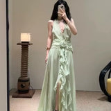 Sleeveless V-Necked Neck Dress With Wooden Ears Exposed Back Long Dress Beach Beach Seaside Holiday Dress