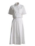 Summer New Collar Short-Sleeved Shirt + High Waist Long Skirt Lace Embroidery Two-Set Suit Woman