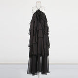 Style Elegant Dress 2025 Summer New Hanging Neck Sleeveless Back Design Lotus Leaf Side Dress Solid Color Woman