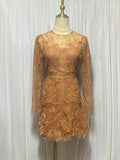 And Summer Lace Dress Long-Sleeved Three-Dimensional Petals Curry Short Skirt