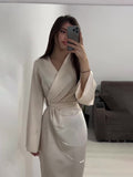 Women's Clothing 2025 Autumn New Long Dress Temperament Loose Metal Decoration V Tie With Dress