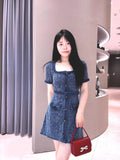 Famous And Niche Design Square Dress 2024 Summer Temperament Beautiful Denim Blue Coarse Flower Dress