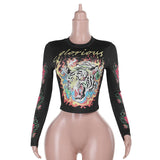 Long-Sleeved Cool Street Print T-Shirt Girl Personality Trendy Street With Short Sleeve Top DJPT