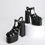New Spring And Summer New High Heels Women's Word Buckle Water Table High Heels Roman Sandals Black Walking Show Large-Size Shoes High Quality Shoes