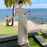 Summer New Beach Resort Seaside Hanging Neck Dress To Collect Waist Sling A Dress Woman