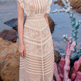 2025 Lace Yarn Embroidery Line Lace Splicing Medium Long Dress Dress 817