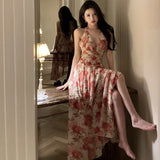 Seaside Holiday Chiffon Crumped Flower Dress Bare Back Empty Strap High Waist Open Large Swing Dress Girl