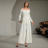 Famous Simple Wind 2025 Spring New Word Collar Long Sleeve Back Bow Design Long-Long Jumpsuit