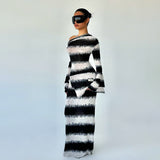 Autumn New Dizzened Black And White Striped Asymmetrical Shoulder Heap Long Sleeve Dress Woman DJPT