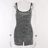 Sexy Sling Black And White Stripes To Close Waist Thin Hottie Show Back Hip Conjoined Shorts Woman DJPT