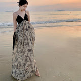 Splicing French Retro Sexy Bareback Dress Sling Dress With Long Skirt Sanya Beach Dress Woman