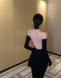 Big Show Back Black Brooch Knitted Dress High-End Famous Temperament Pure Shoulder Dress Dress