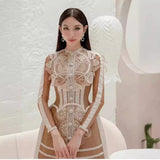 2025 Lace Water-Soluble Flower Hollow Dress Long Sleeve Brown Short Skirt