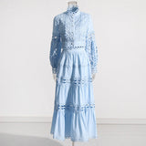 Famous Wind 2025 Summer New Lace Collar Long Sleeves Bare Waist Shirt High Waist Half Dress Solid Two Sets