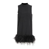 Version Of The Simple Name Wind 2025 Summer Round Collar Sleeveless Short Female Solid Color Hem Ostrich Hair Splicing Dress