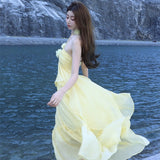 New Niche Design High-End Tea Break French Seaside Holiday Yellow Hanging Neck Dress