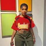 Summer 2025 New T-Shirt Casual Match Color Short-Sleeved Splicing Print Top Woman DJPT