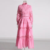 Famous Wind 2025 Summer New Lace Collar Long Sleeves Bare Waist Shirt High Waist Half Dress Solid Two Sets