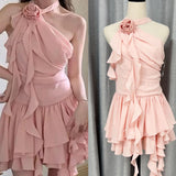 Hanging Neck Flowers Lotus Leaves Outside Wearing Sleeveless 2025 Summer New Short Skirt Woman