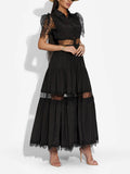 Black Rose Lace Stitched 2025 New Women's Summer Collar Short-Sleeved Long Solid Dress