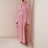 Spring New 2025 Three-Dimensional Flower Decoration Shoulder Horn Sleeve High-Waist Opening Dress Woman