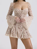 Lace New French Lightweight Heavyweight Short Dress Horn Sleeve Fish Bone Printed Dress Sexy Spice Girl HZ0628
