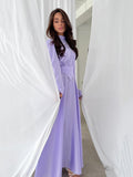 Summer New Fashion Temperament Breathable Waist-Watery Pure-Color Long-Sleeved Dress