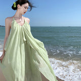 Lusty Sexy Back Hanging Neck Dress Women's Summer Vacation Folds Long Dress Green Loose A Word Skirt