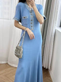 Elegant Wind Knitted Dress 2025 Summer New Denim Bumping Short-Sleeved Long Dress Dress Woman