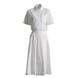 Summer New Collar Short-Sleeved Shirt + High Waist Long Skirt Lace Embroidery Two-Set Suit Woman