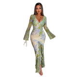 Autumn 2025 New Long Dress Temperament Body Printing Irregular Hem Dress Woman DJPT