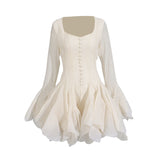 Fairy Dress 2025 New Square Collar Single Buckle Lotus Side Horn Sleeve Short Dress