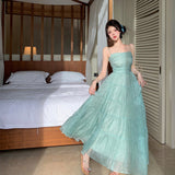 Vacation Photo High-Level Feeling Waist Beach Bare Back Big Skirt Sling A Word Long Dress