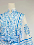 Autumn New Blue And White Printing Collar Lantern Sleeve Single Buckle Belt Waist Display Thin Dress