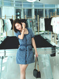 Famous And Niche Design Square Dress 2024 Summer Temperament Beautiful Denim Blue Coarse Flower Dress