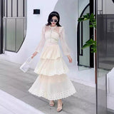 2025 Round Collar Folded Lace Yarn Cake Dress Dress
