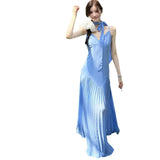 Sense Irregular Splicing Folds A Long Dress Summer French Waist Big Skirt V Tie Hanging Dress Woman